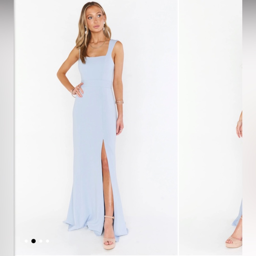 Show me your mumu Paris gown bridesmaid dress in Steel Blue Stretch